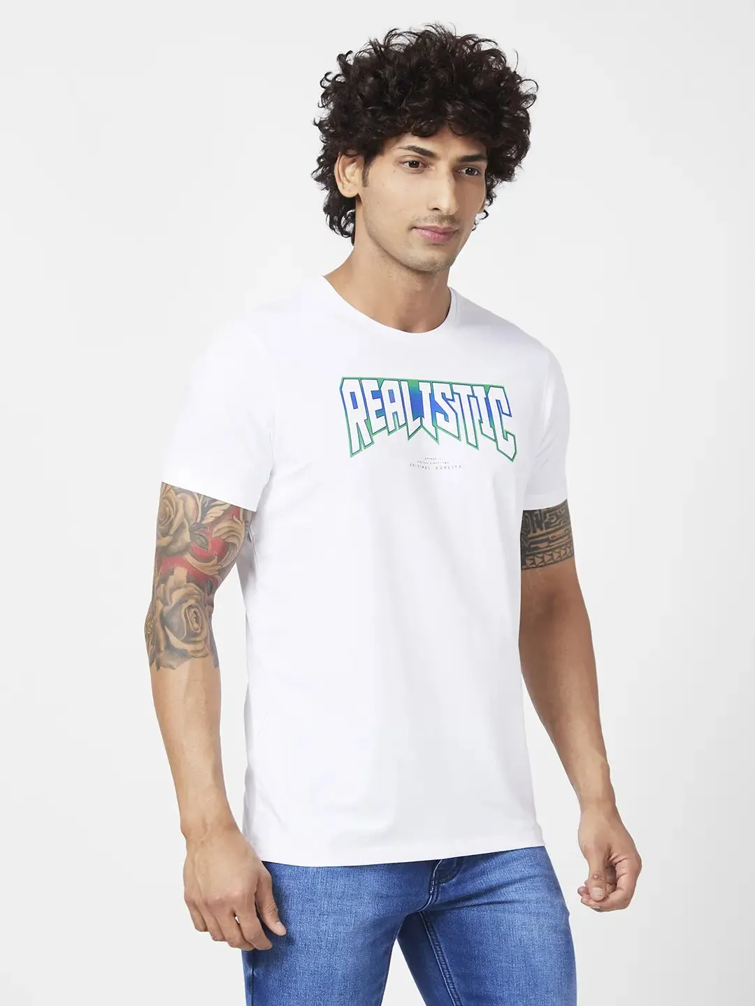 Spykar Men White Blended Slim Fit Half Sleeve Round Neck Casual Printed Tshirt