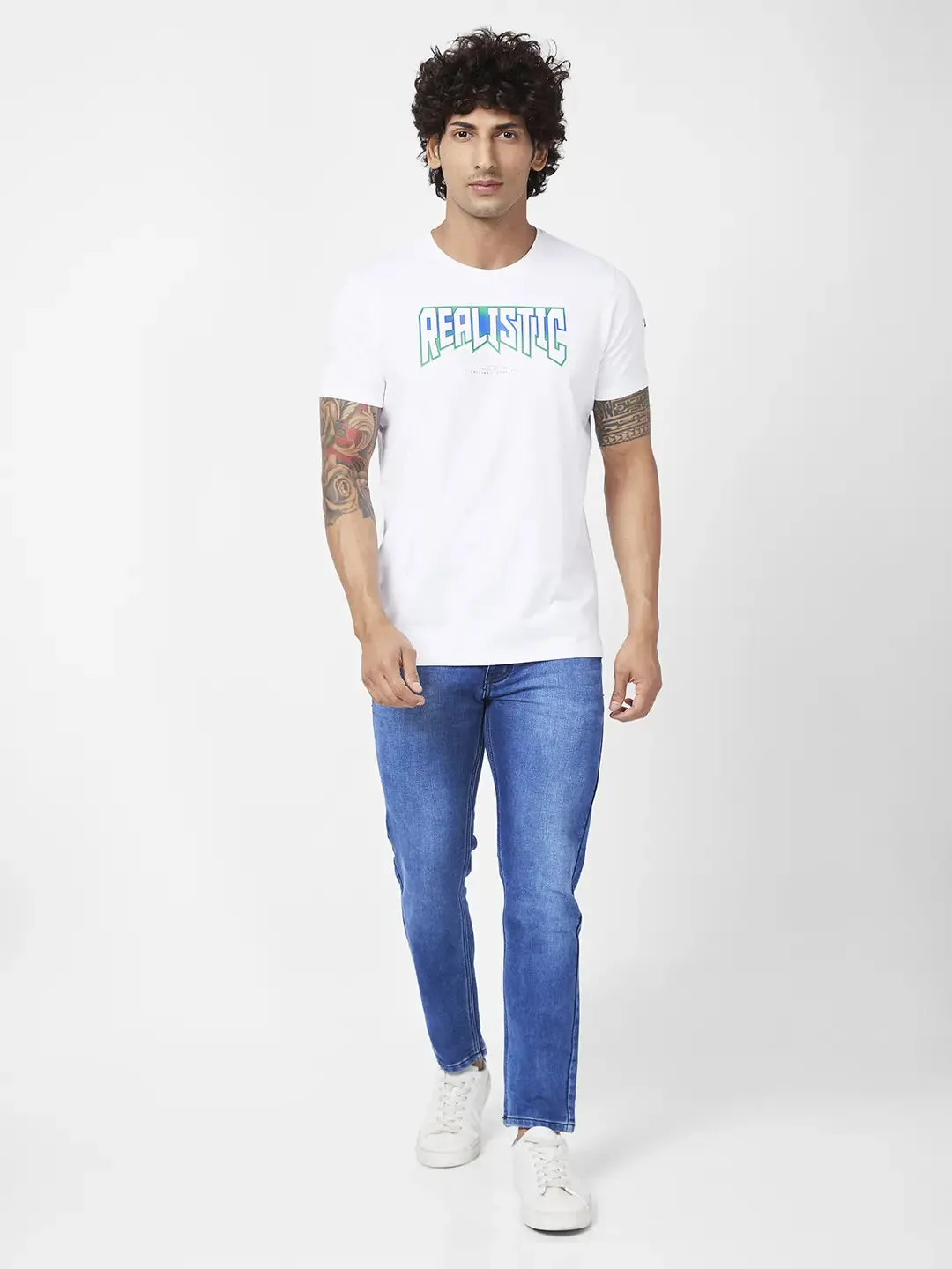 Spykar Men White Blended Slim Fit Half Sleeve Round Neck Casual Printed Tshirt