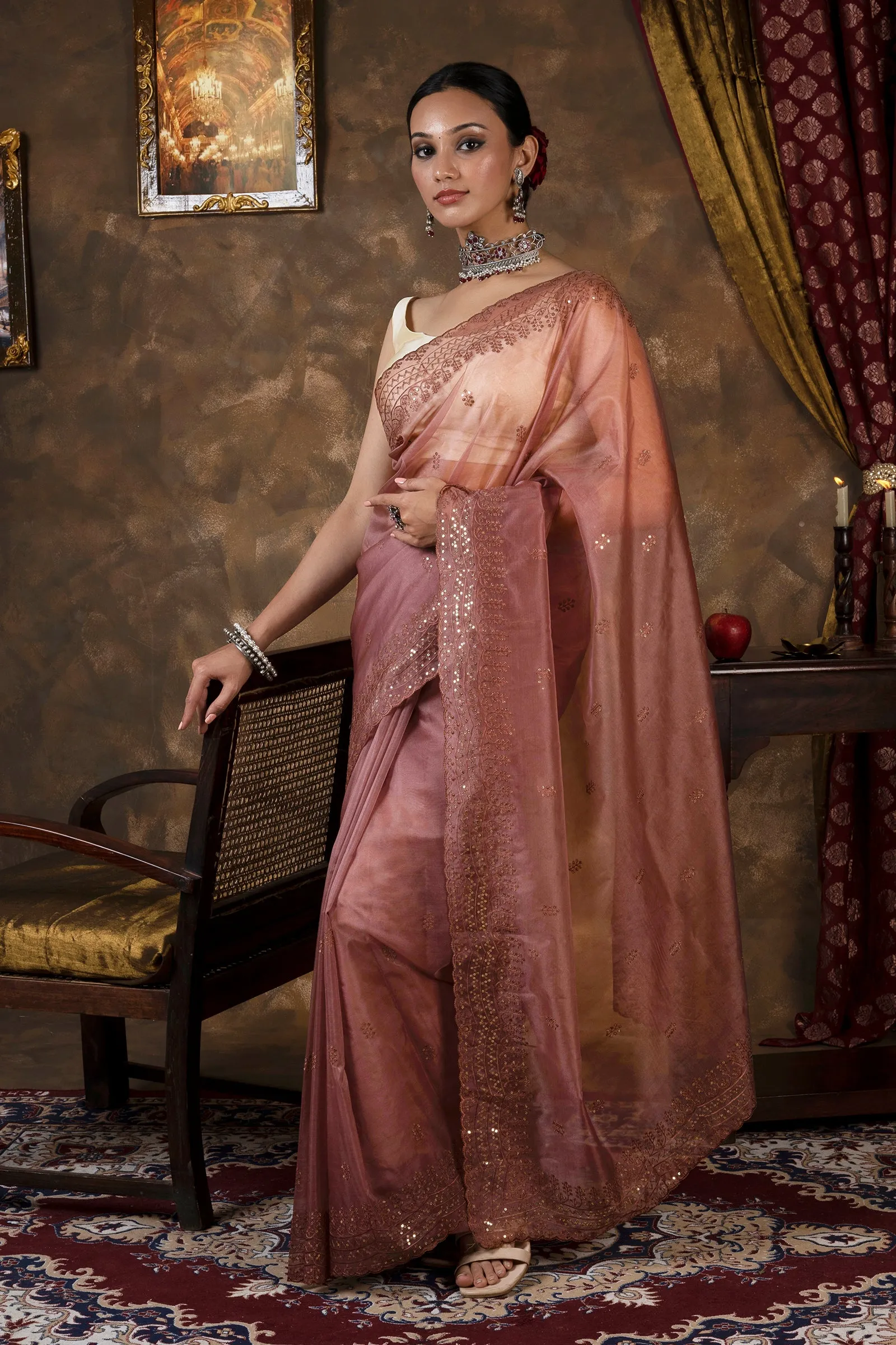 Teejh Chavvi Brown Sequin Embroidery Organza Saree