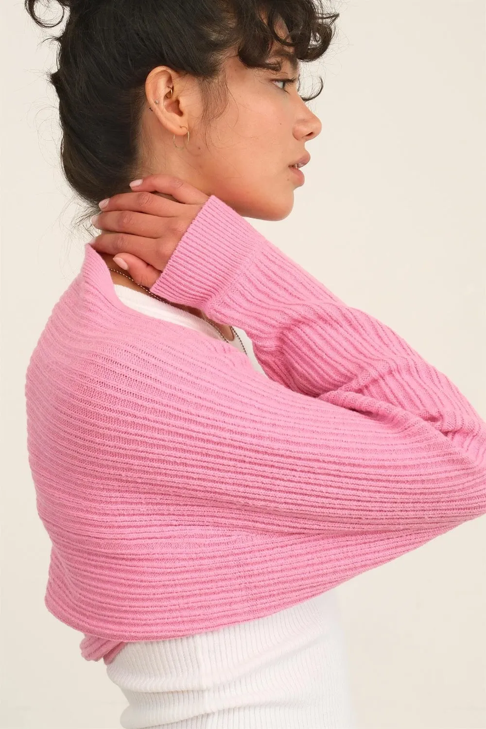 TEEK - Rose Pink Ribbed Knit Bolero Cardigan