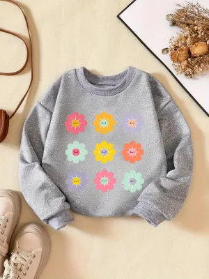 Vibrant Floral Graphic Print Long Sleeve Sweatshirt for Girls - Soft, Comfy, and Cozy Pullover for Spring and Fall Seasons - Stylish and Casual Wear for School, Outdoor Activities, and Everyday Use